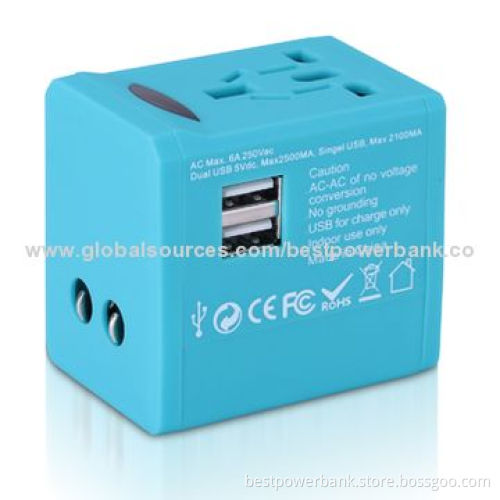 Colorful 2-USB Port International Universal Travel Adapters for Mobile Phone/Tablet, CE/RoHS/FCC/SGS